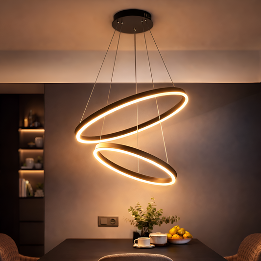 Závěsný LED lustr s dálkovým ovládáním CASIANA 40W, 2 kruhy, studené/teplé/neutrální světlo 3000K/4000K/6000K, stmívatelný, černý, nastavitelná výška, kov a akryl