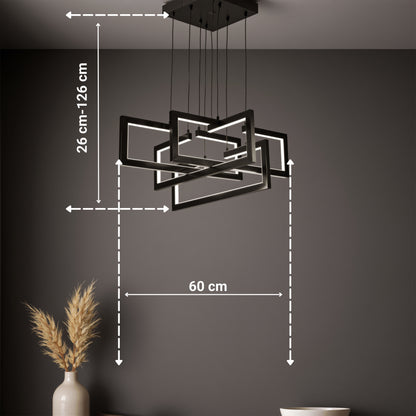 LED lustr s dálkovým ovládáním, Závěsný 96W, 4 prvky, Studené/Teplé/Neutrální světlo, Stmívatelné, Nastavitelná výška, Černá