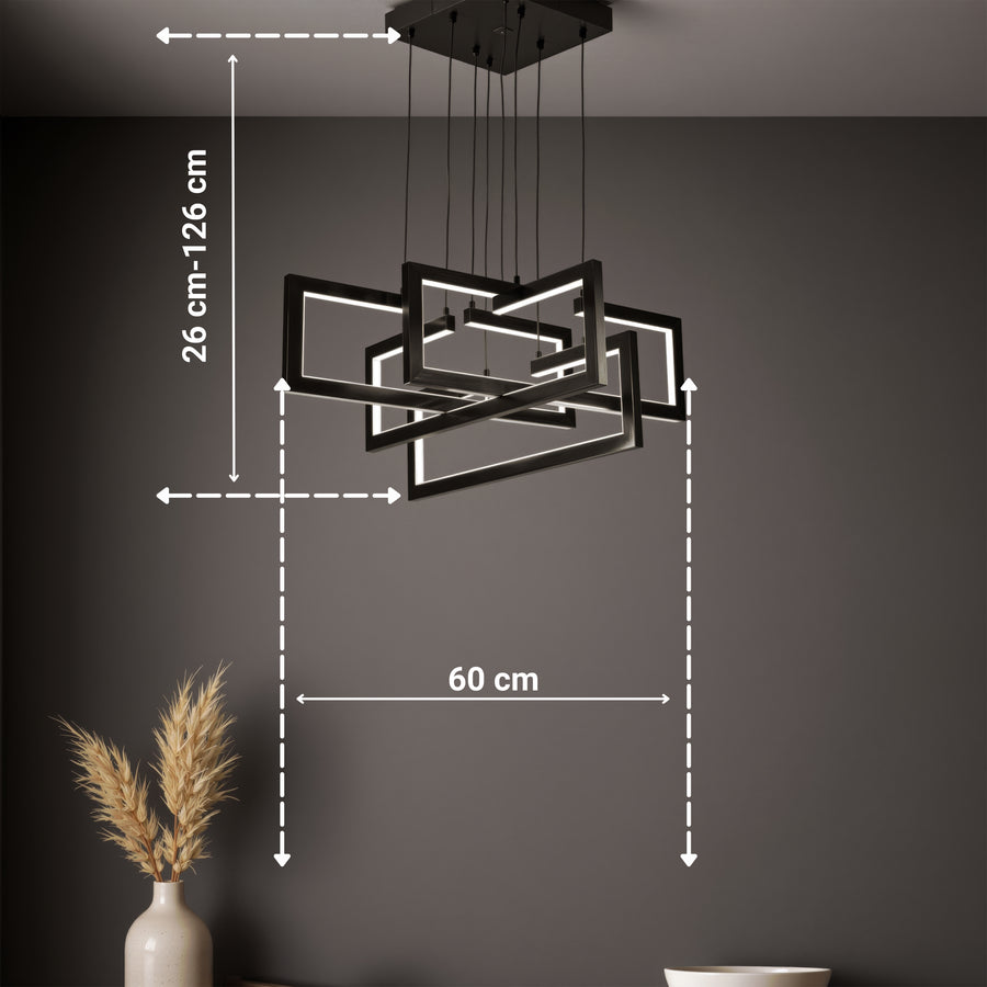 LED lustr s dálkovým ovládáním, Závěsný 96W, 4 prvky, Studené/Teplé/Neutrální světlo, Stmívatelné, Nastavitelná výška, Černá