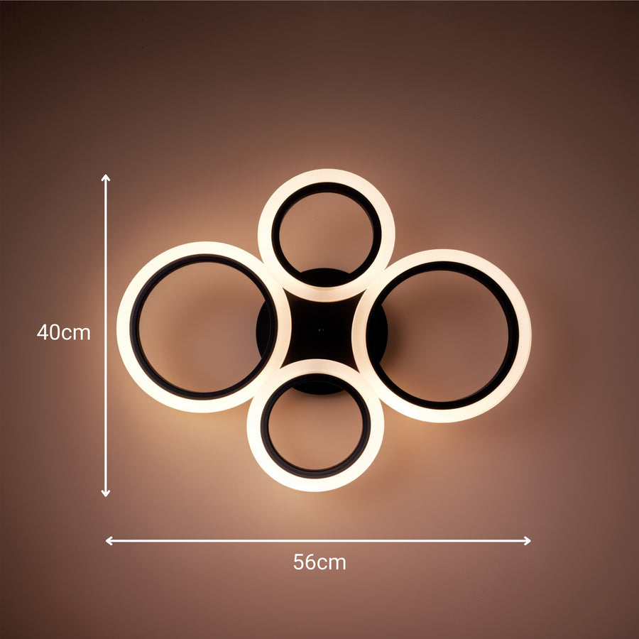 LED lustr s dálkovým ovládáním BETTY 44W, 4 kruhy, Studené/Teplé/Neutrální světlo, Stmívatelné, Černá