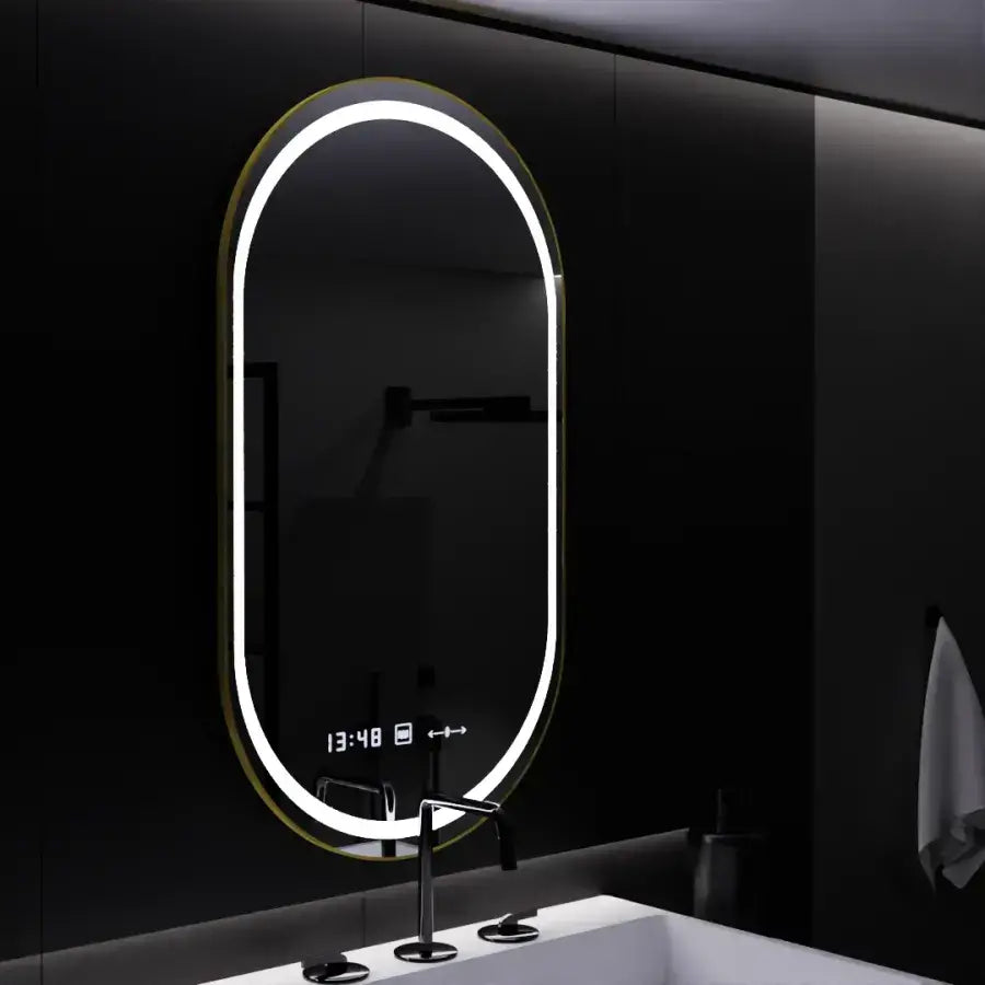 Oválné LED zrcadlo, 50x80cm, Roven Marcello MotionGlow senzor, Odmlžovací systém, Hodiny & Teploměr, Stmívatelné