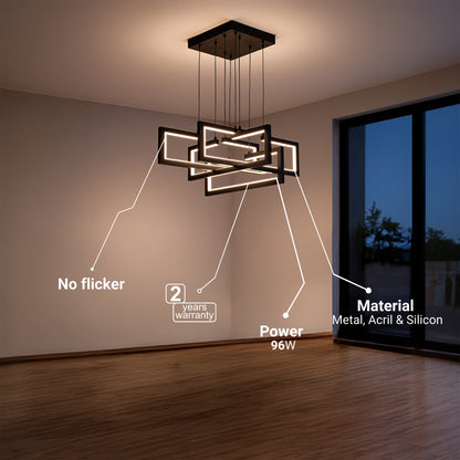 LED lustr s dálkovým ovládáním, Závěsný 96W, 4 prvky, Studené/Teplé/Neutrální světlo, Stmívatelné, Nastavitelná výška, Černá