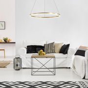 Závěsný LED lustr, ANINA, 34W, 1 kruh, Průměr 49 cm, Studené/Teplé/Neutrální světlo 3000K/4000K/6000K, Stmívatelné, Lesklá zlatá bílá, Nastavitelná výška, Kov a Akryl