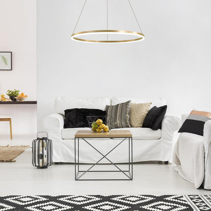 Závěsný LED lustr, ANINA, 34W, 1 kruh, Průměr 49 cm, Studené/Teplé/Neutrální světlo 3000K/4000K/6000K, Stmívatelné, Lesklá zlatá bílá, Nastavitelná výška, Kov a Akryl