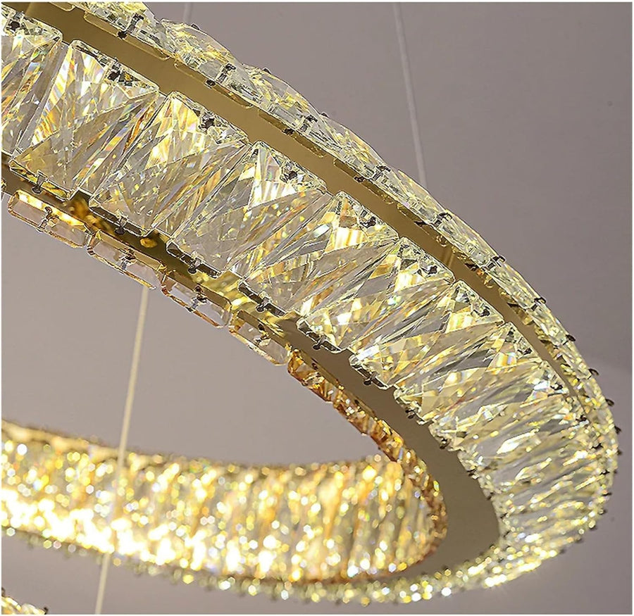 LED lustr s dálkovým ovládáním, LLC132/300+500GD, křišťál a kov, 48W, 2 kruhy, stmívatelný, nastavitelná výška, studené/teplé/neutrální světlo 3000K/4000K/6000K, luxusní osvětlení,