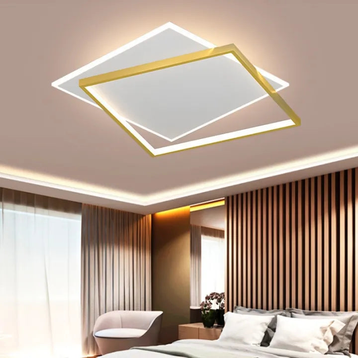 LED lustr se slunečním dálkovým ovládáním, 98W, 2 čtverce, chladné/horké/neutrální světlo, nestabilní, zlaté