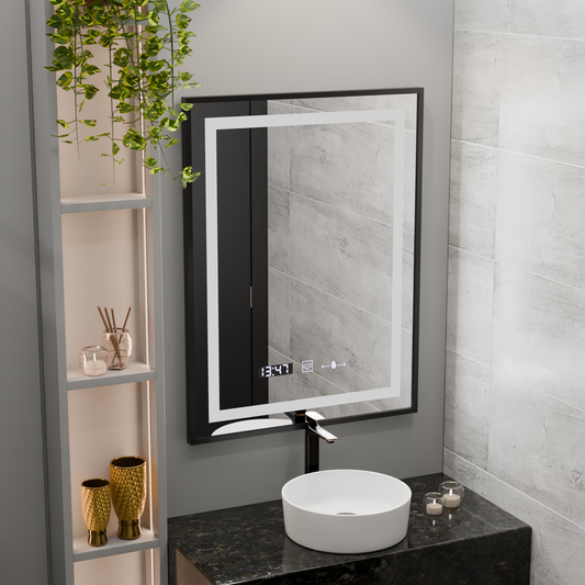 Obdélníkové LED zrcadlo, 60x80cm, Verite Majeste Noir Motion Glow Marcello, Demister System, Hodiny & Teploměr, Stmívatelné