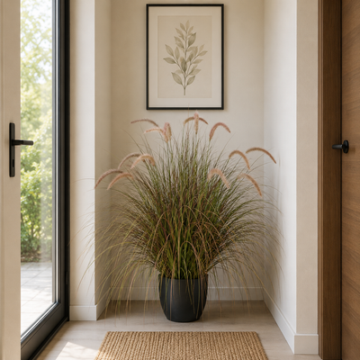 Okrasná rostlina z umělé trávy Foxtail, 100 cm, zakřivená tráva s kořením, růžová a zelená, bez květináče