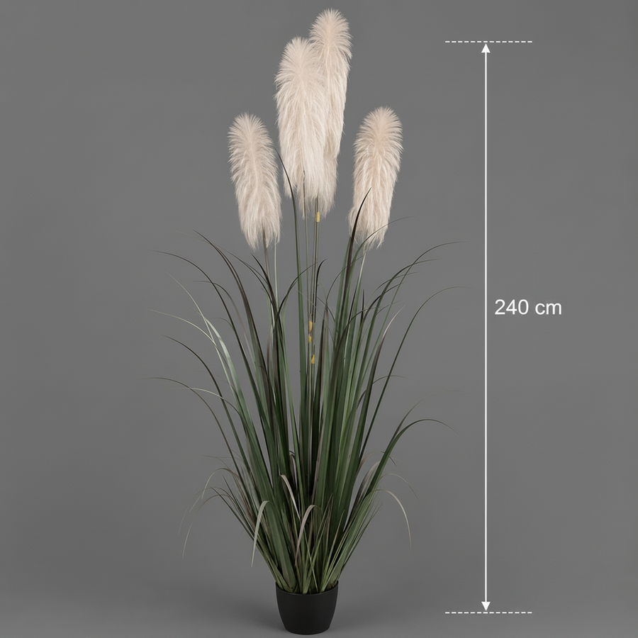 Umělá rostlinná okrasná tráva, 240 cm, s 5 prameny, rákos a tráva, zelená a šedá, bez květináče