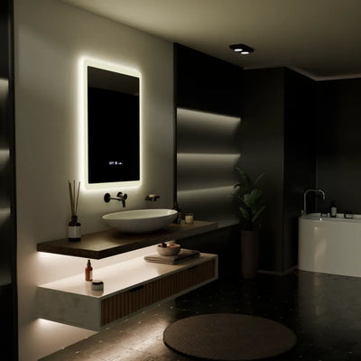 Obdélníkové LED zrcadlo, 60x80 cm, senzor Pugliesi MotionGlow Marcello, systém odmlžování, hodiny a teploměr, stmívatelné