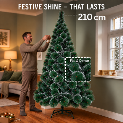 MONTIA Umělá jedle, 210 cm, 280 špiček, kovový stojan, zelené jehlice s bílými špičkami
