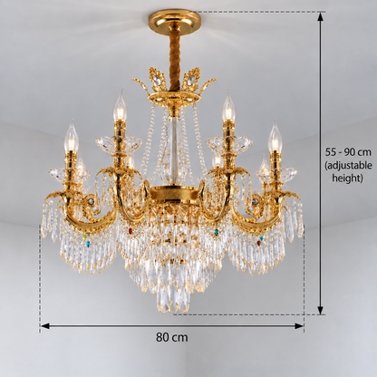 Křišťálový lustr 11xE14, H80cm, lesklé zlato, nastavitelná výška, kov a křišťál