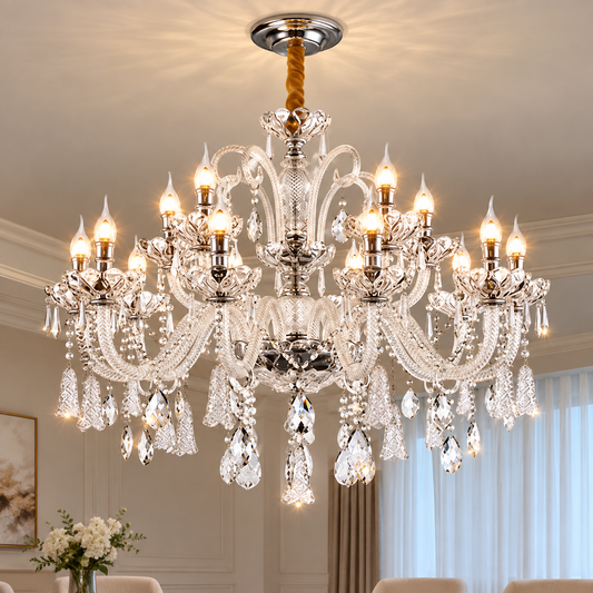 Křišťálový lustr 15xE14, H95cm, Stříbrný, Nastavitelná výška, Kov a Křišťál