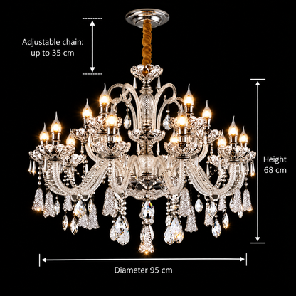 Křišťálový lustr 15xE14, H95cm, Stříbrný, Nastavitelná výška, Kov a Křišťál
