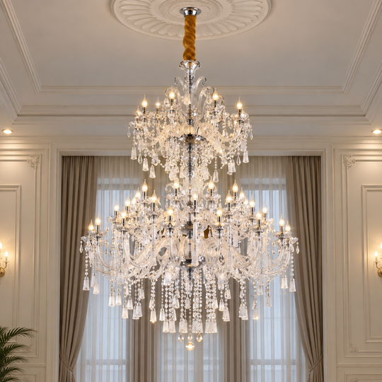 Křišťálový lustr, 55xE14, Průměr 145 cm, Výška 230 cm, Stříbrný, Nastavitelná výška, Elegantní Design