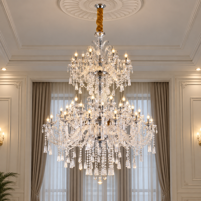 Křišťálový lustr, 55xE14, Průměr 145 cm, Výška 230 cm, Stříbrný, Nastavitelná výška, Elegantní Design