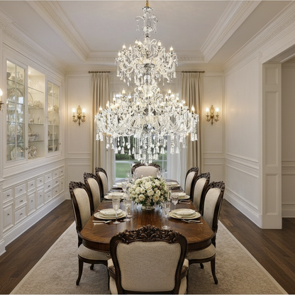 Křišťálový lustr, 55xE14, Průměr 145 cm, Výška 230 cm, Stříbrný, Nastavitelná výška, Elegantní Design Křišťálové lustry Výchozí název Alessandro Design