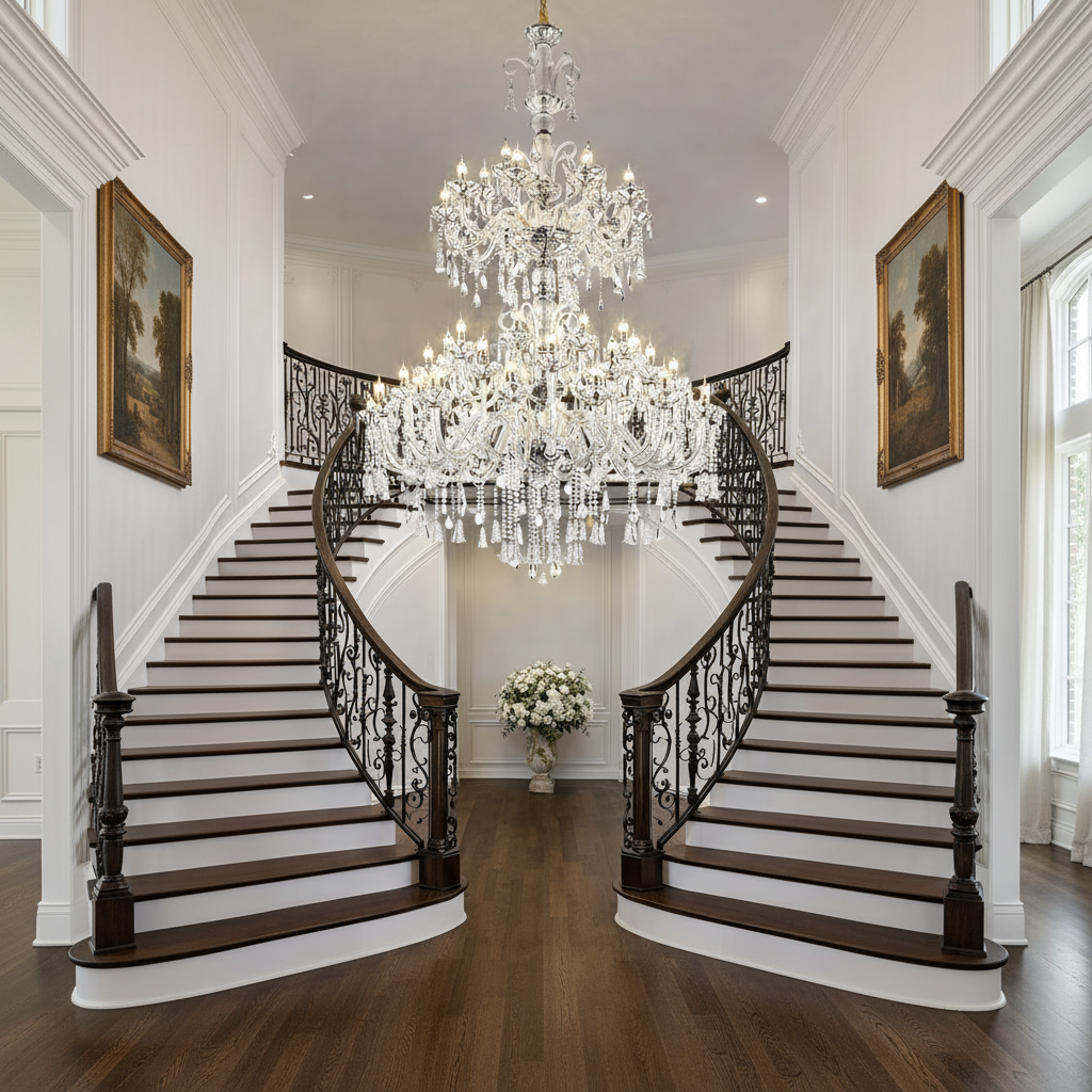 Křišťálový lustr, 55xE14, Průměr 145 cm, Výška 230 cm, Stříbrný, Nastavitelná výška, Elegantní Design Křišťálové lustry Výchozí název Alessandro Design
