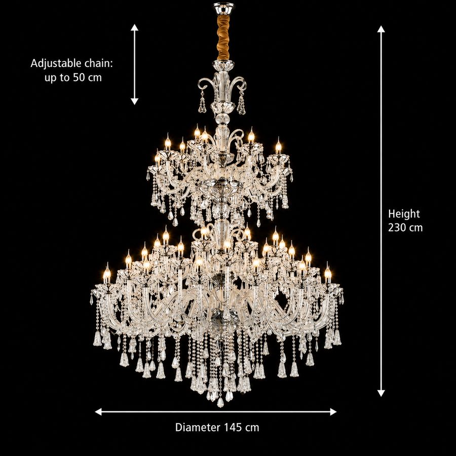 Křišťálový lustr, 55xE14, Průměr 145 cm, Výška 230 cm, Stříbrný, Nastavitelná výška, Elegantní Design