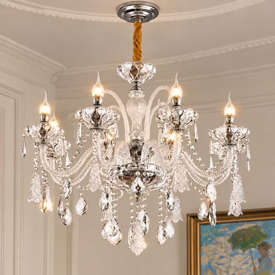 Křišťálový lustr 6xE14, H68cm, Stříbrný, Nastavitelná výška, Kov a Křišťál