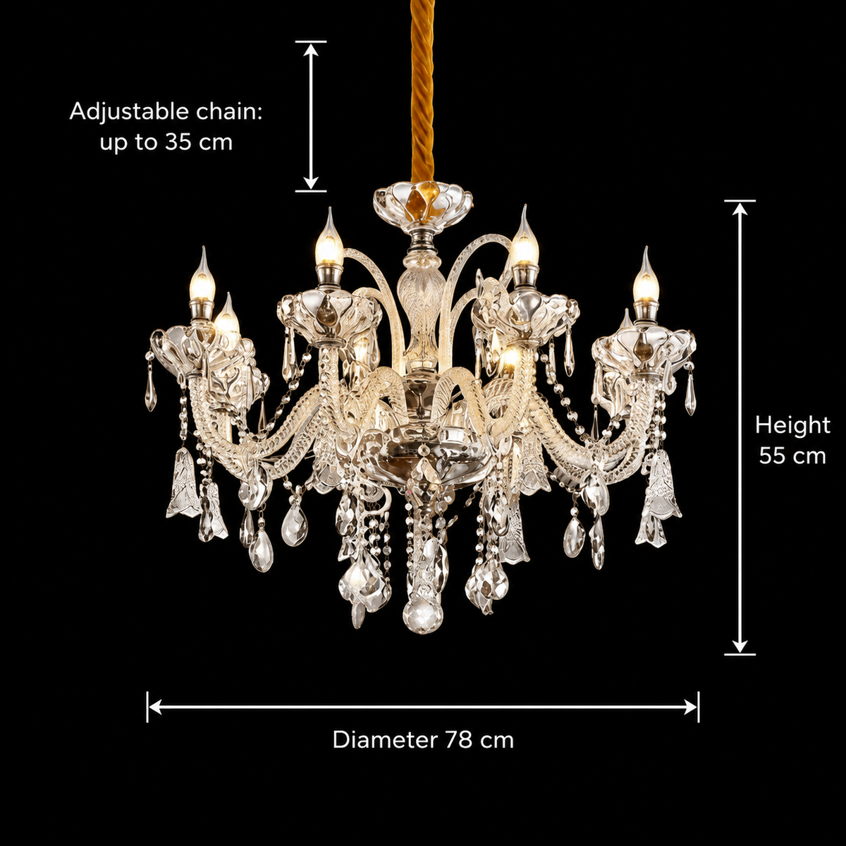 Křišťálový lustr 8xE14, D78cm, stříbrný, nastavitelná výška, kov a křišťálové křišťálové lustry Výchozí název Alessandro Design