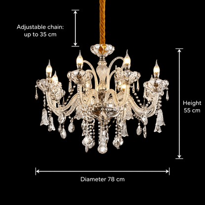 Křišťálový lustr 8xE14, D78cm, stříbrný, nastavitelná výška, kov a křišťálové křišťálové lustry Výchozí název Alessandro Design