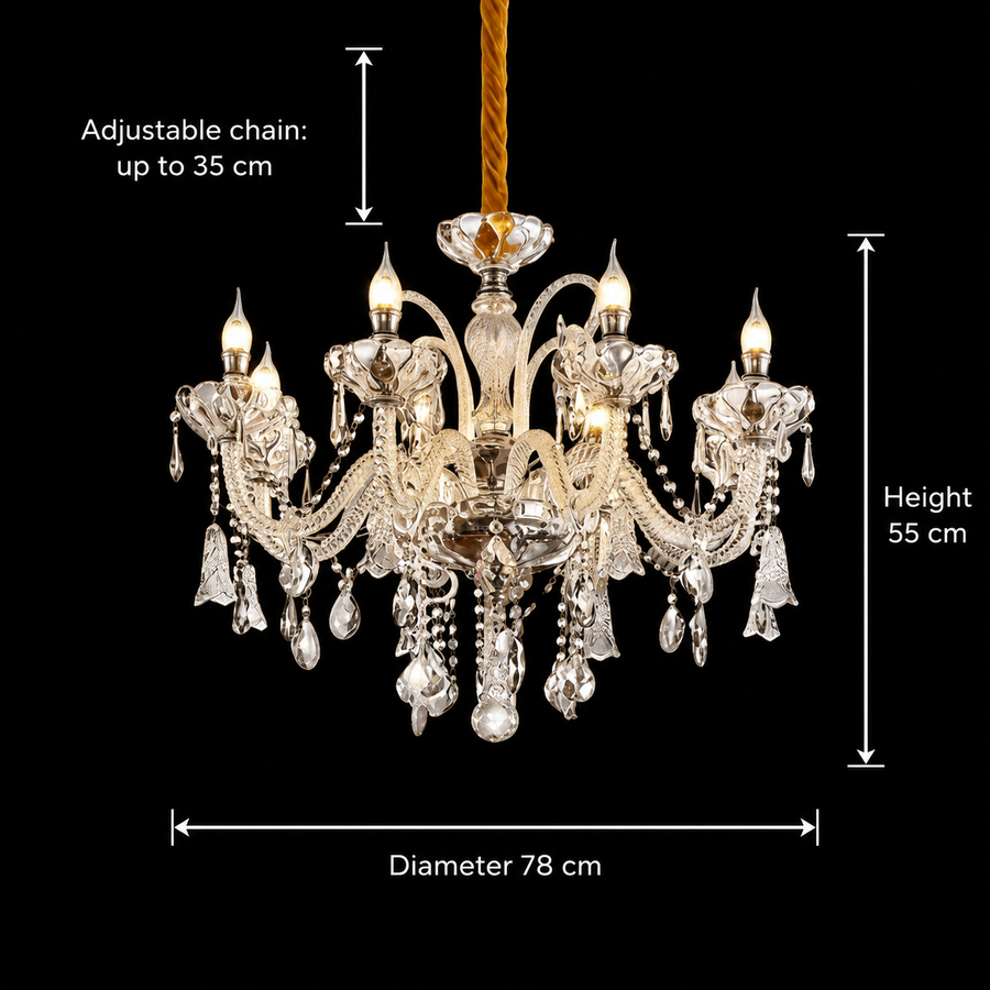 Křišťálový lustr 8xE14, D78cm, stříbrný, nastavitelná výška, kov a křišťálové křišťálové lustry Výchozí název Alessandro Design
