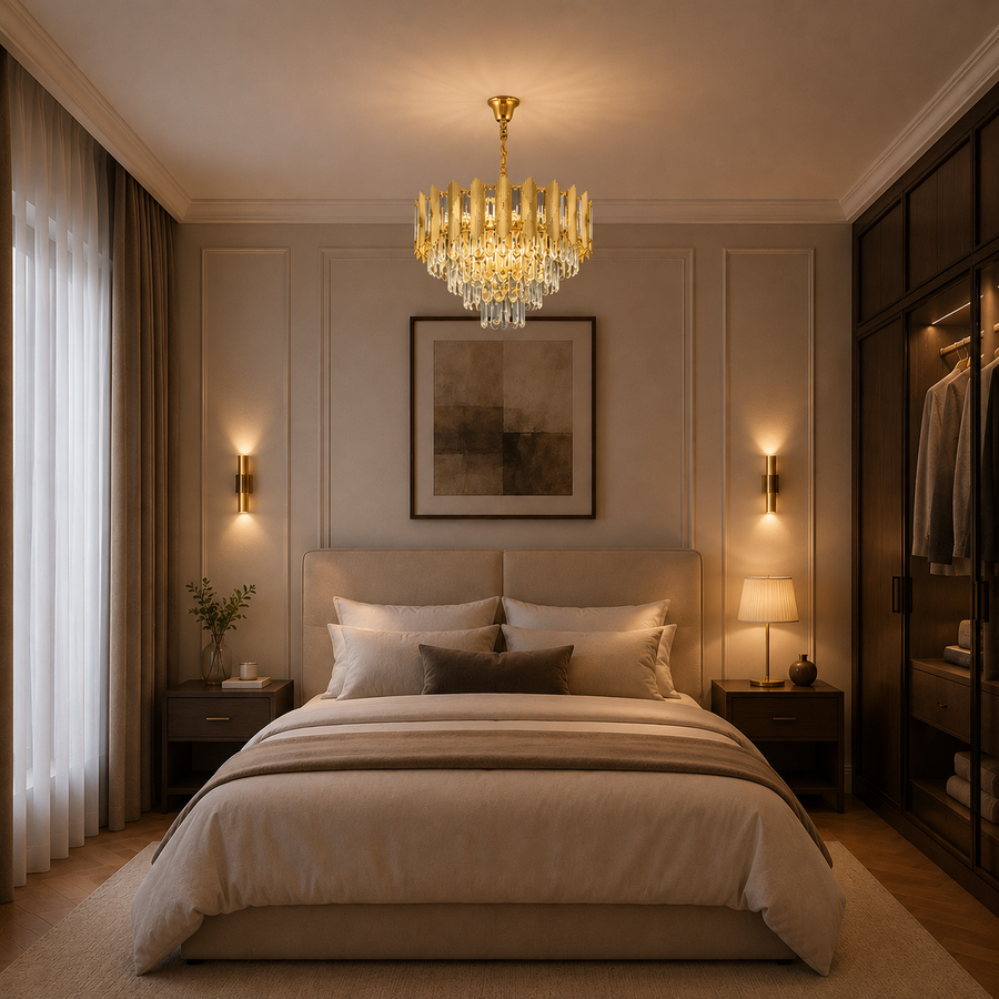 Křišťálový lustr BUCKINGHAM Nobile 5xE14, Průměr 40cm, Lesklý zlatý, Nastavitelná výška