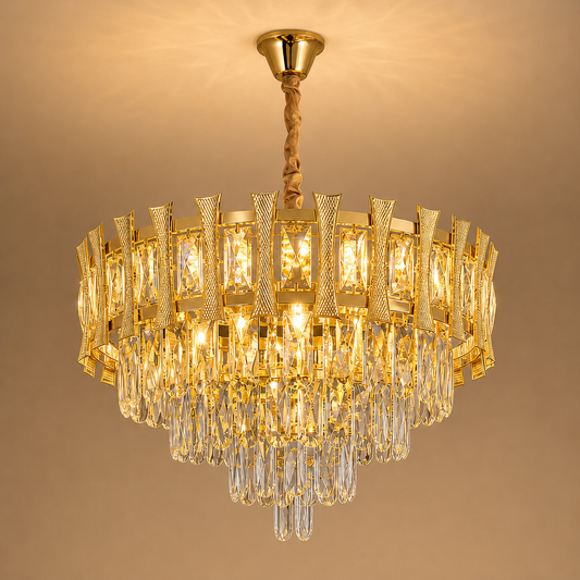 Křišťálový lustr HAMPTON Eleganza 8x E14, Průměr 49cm, Lesklý zlatý, Nastavitelná výška