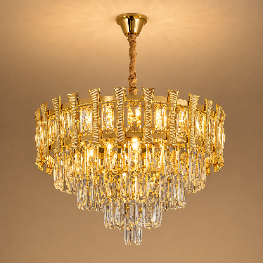 Křišťálový lustr HAMPTON Eleganza 8x E14, Průměr 49cm, Lesklý zlatý, Nastavitelná výška