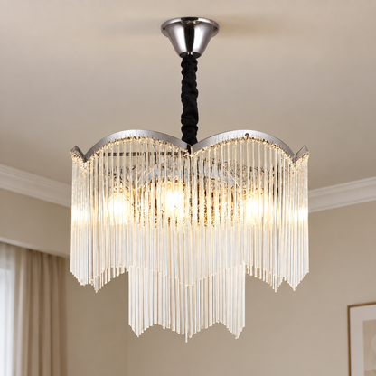 MEKELLE Nobile křišťálový lustr, 6x E14, průměr 40 cm, kov a křišťál, lesklý chrom, nastavitelná výška