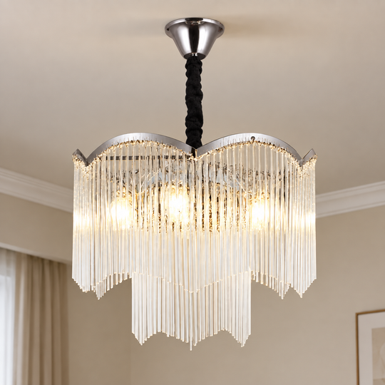 MEKELLE Nobile křišťálový lustr, 6x E14, průměr 40 cm, kov a křišťál, lesklý chrom, nastavitelná výška