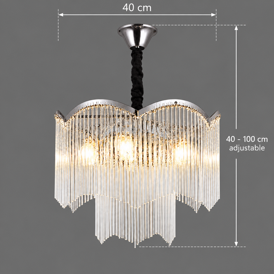 MEKELLE Nobile křišťálový lustr, 6x E14, průměr 40 cm, kov a křišťál, lesklý chrom, nastavitelná výška