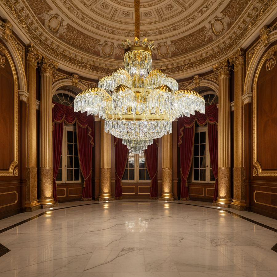 Křišťálový lustr PALACE Supremo 29xG9, D115cm, lesklé zlato, nastavitelná výška, kov a křišťálové křišťálové lustry Výchozí název Alessandro Design
