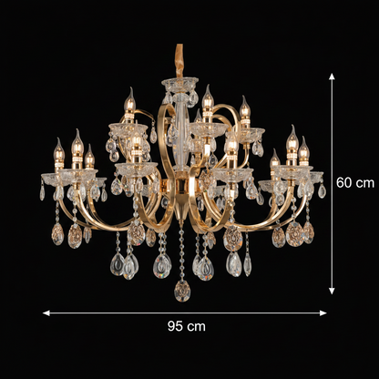 PSE Supremo křišťálový lustr, 15xE14, H95cm, nastavitelná výška, kov a křišťál, zlatá