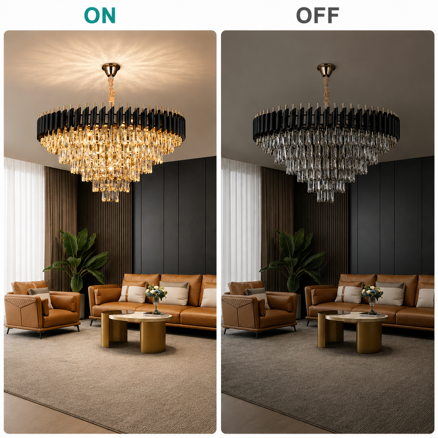 Křišťálový lustr VERSAILLES Supremo 12xE14, průměr 80 cm, lesklá zlatá a černá, nastavitelná výška