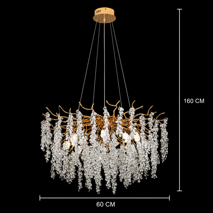 Kaskádový křišťálový lustr WALTZ, 6x G9, zlatý, 60cm, nastavitelná výška