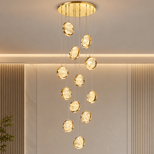 RÁMOVÝ LED křišťálový lustr s dálkovým ovládáním, závěsný, 12 zdrojů, 36W, průměr 40 cm, teplé / neutrální / studené světlo, nastavitelná výška, zlato, kov a krystal