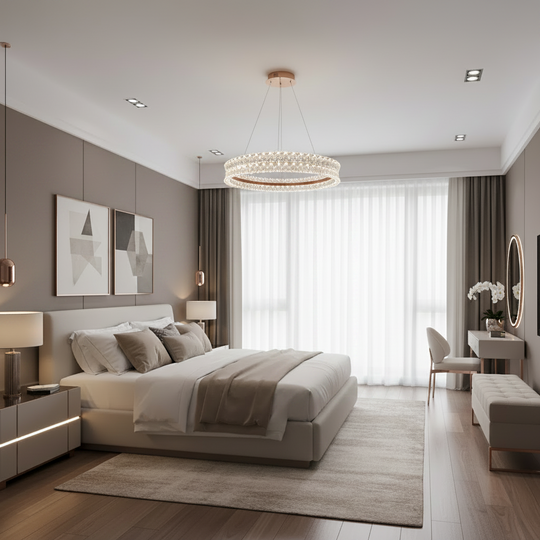 LED křišťálový lustr s dálkovým ovládáním, 49W, teplé/neutrální/studené světlo, Φ40 cm, nastavitelná výška, kov a krystal, zlatá