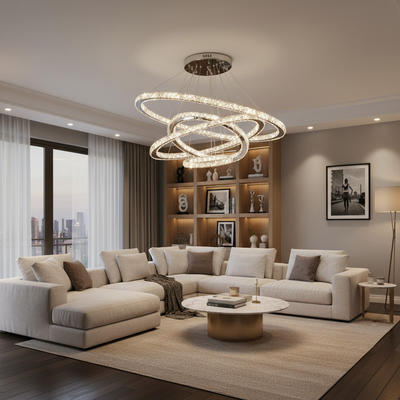 Světelný PRISM LED lustr, Křišťál a kov, 210 W, 4 kruhy, Stmívatelné, Studené/Teplé/Neutrální světlo, Luxusní osvětlení