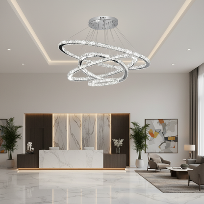 Světelný PRISM LED lustr, Křišťál a kov, 210 W, 4 kruhy, Stmívatelné, Studené/Teplé/Neutrální světlo, Luxusní osvětlení
