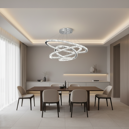 Světelný PRISM LED lustr, Křišťál a kov, 210 W, 4 kruhy, Stmívatelné, Studené/Teplé/Neutrální světlo, Luxusní osvětlení