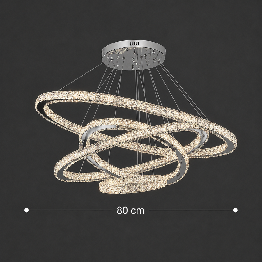 Světelný PRISM LED lustr, Křišťál a kov, 210 W, 4 kruhy, Stmívatelné, Studené/Teplé/Neutrální světlo, Luxusní osvětlení