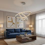 Závěsný LED lustr s dálkovým ovládáním a krystalem PRISM LUMINIS 78,3W, 3 kruhy, Studené/Teplé/Neutrální světlo, Stmívatelné, Stříbrné, Výškově nastavitelné