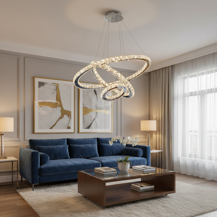 Závěsný LED lustr s dálkovým ovládáním a krystalem PRISM LUMINIS 78,3W, 3 kruhy, Studené/Teplé/Neutrální světlo, Stmívatelné, Stříbrné, Výškově nastavitelné
