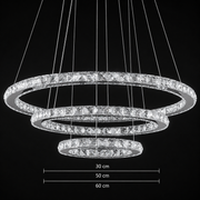 Závěsný LED lustr s dálkovým ovládáním a krystalem PRISM LUMINIS 78,3W, 3 kruhy, Studené/Teplé/Neutrální světlo, Stmívatelné, Stříbrné, Výškově nastavitelné