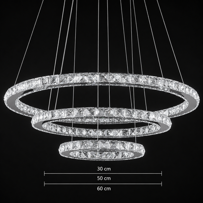 Závěsný LED lustr s dálkovým ovládáním a krystalem PRISM LUMINIS 78,3W, 3 kruhy, Studené/Teplé/Neutrální světlo, Stmívatelné, Stříbrné, Výškově nastavitelné