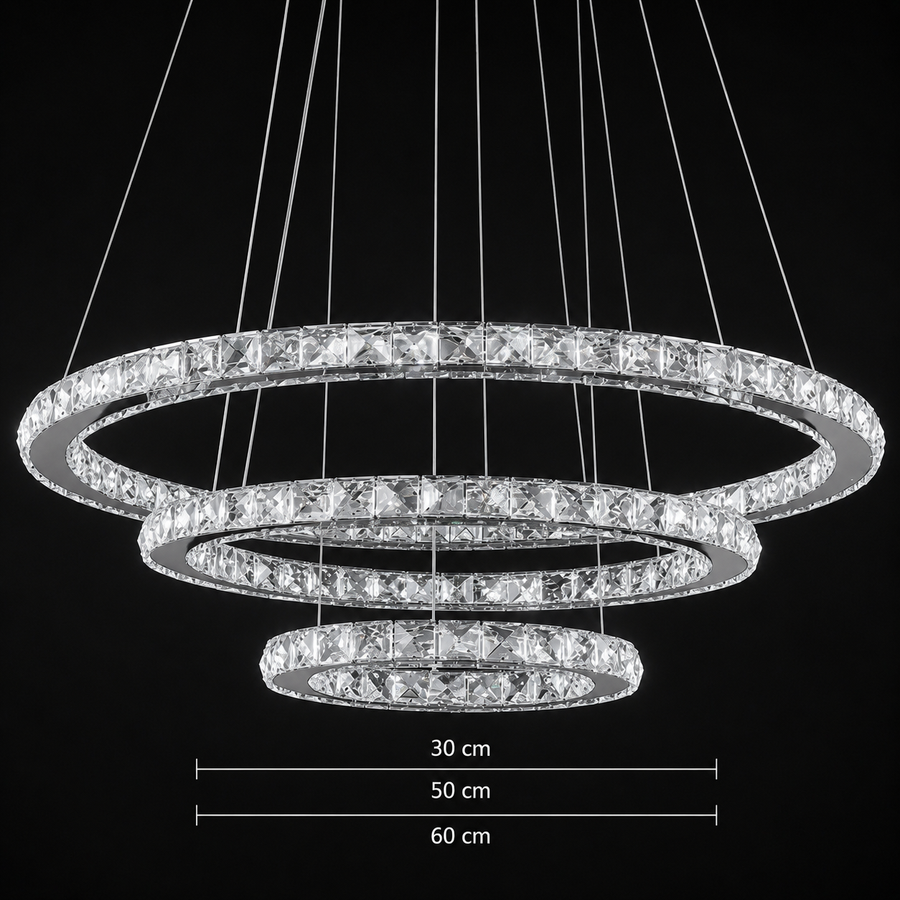 Závěsný LED lustr s dálkovým ovládáním a krystalem PRISM LUMINIS 78,3W, 3 kruhy, Studené/Teplé/Neutrální světlo, Stmívatelné, Stříbrné, Výškově nastavitelné