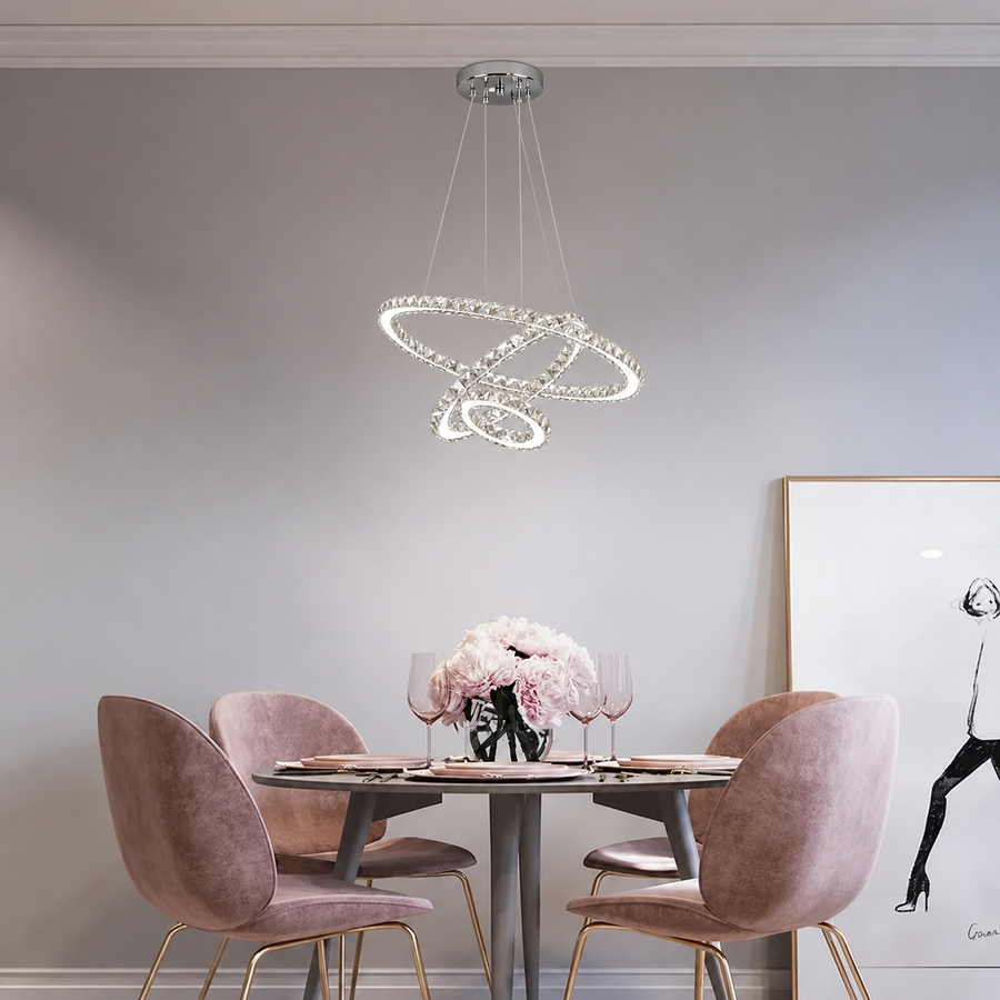 Závěsný LED lustr s dálkovým ovládáním a krystalem PRISM LUMINIS 78,3W, 3 kruhy, Studené/Teplé/Neutrální světlo, Stmívatelné, Stříbrné, Výškově nastavitelné