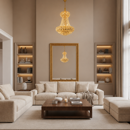 Candelabru Cristal CASTRUM Magno 11xE14, D60 cm, Auriu, Inaltime Reglabila, Metal si Cristal